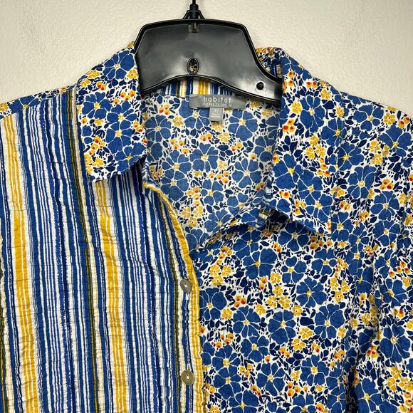 Habitat Yellow Blue Stripe Floral *XS Top Cotton Crinkle 3/4 Sleeve Button Boho - Picture 4 of 16